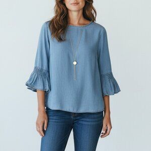 J‎ Jill L Denim Bell Sleeve Chambray Top Lightweight Tencel Boho Minimalist